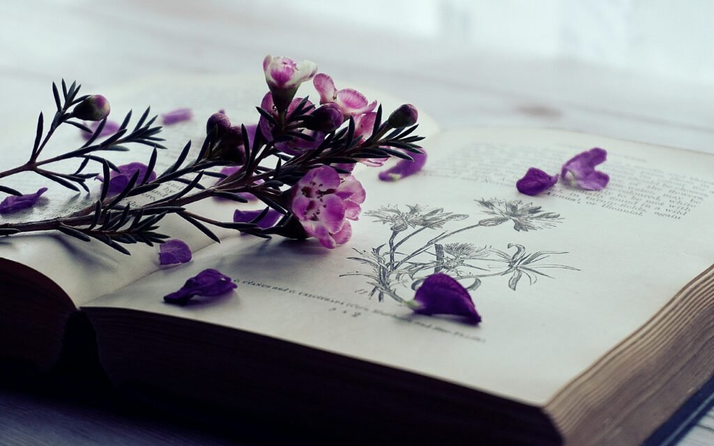 Delicate purple flowers on an open book with floral illustrations.